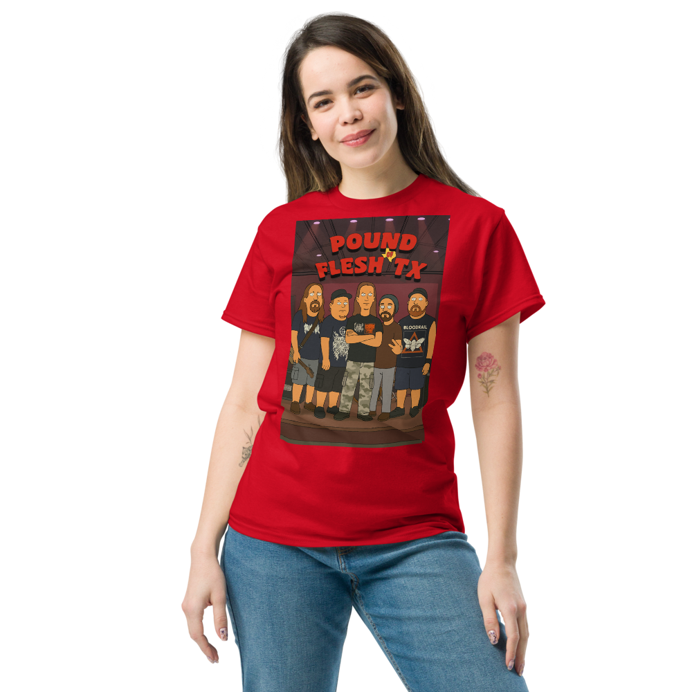 Woman wearing teh King Of The Hill Pound of Flesh TX red shirt.